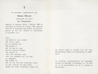 827_443 Wevers, Helena: geboren op 7 februari 1885 te Horbach (D.), overleden op 31 oktober 1970 te Heerlen