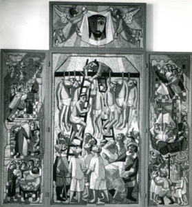 132_84_01 Drieluik met afbeelding betreffende de ophanging van de Martelaren van Gorcum; z.j.