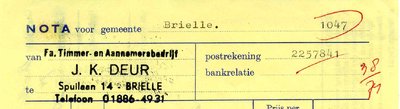 BR_DEUR_004 Brielle, J.K. Deur - J.K. Deur, Fa. Timmer- en Aannemersbedrijf, (1974)