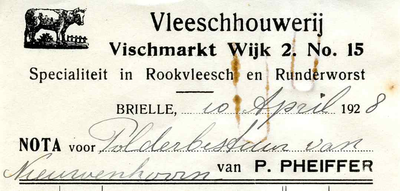 BR_PHEIFFER_001 Brielle, Pheiffer - Vleeschhouwerij P. Pheiffer, specialiteit in rookvleesch en runderworst, (1928)