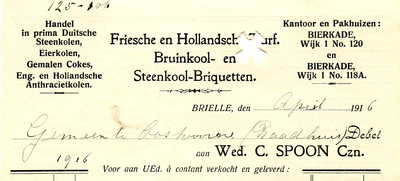 BR_SPOON_004 Brielle, Spoon - Wed. C. Spoon Czn., Handel in prima Duitsche Steenkolen, Eierkolen, Gemalen Cokes, Eng. ...