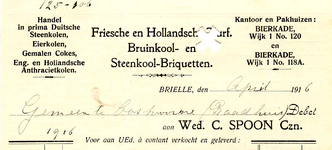 BR_SPOON_004 Brielle, Spoon - Wed. C. Spoon Czn., Handel in prima Duitsche Steenkolen, Eierkolen, Gemalen Cokes, Eng. ...