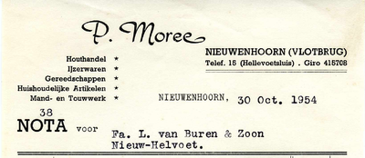 NN_MOREE_003 Nieuwenhoorn, Moree - P. Moree, Houthandel, ijzerwaren, gereedschappen, huishoudelijke artikelen, mand- en ...