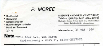 NN_MOREE_004 Nieuwenhoorn, Moree - P. Moree, Houthandel, ijzerwaren, gereedschappen, huishoudelijke artikelen, mand- en ...