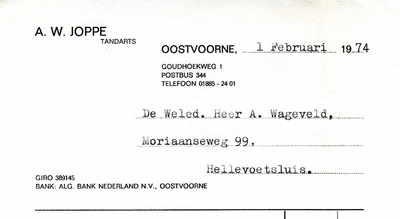 OV_JOPPE_001 Oostvoorne, Joppe - A.W. Joppe, Tandarts, (1974)