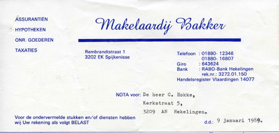 SP_BAKKER_002 Spijkenisse, Bakker - Makelaardij Bakker, Assurantiën, Hypotheken, onr. goederen, Taxaties, (1989)