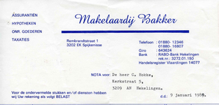 SP_BAKKER_002 Spijkenisse, Bakker - Makelaardij Bakker, Assurantiën, Hypotheken, onr. goederen, Taxaties, (1989)