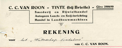 TI_ROON_001 Tinte, Van Roon - C.C. van Roon, Smederij en Rijwielhandel, autogeen lasch- en snij-inrichting. Handel in ...