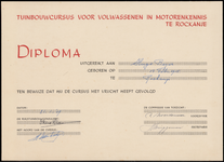 DIPLOMA_001 Tuinbouwcursus voor volwassenen in motorenkennis te RockanjeDiploma, uitgereikt aan: Hugo BeijerGeboren op: ...