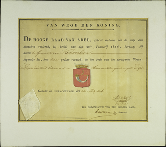 PC_WAPEN_NHN Wapendiploma van de gemeente Nieuwenhoorn, 24 juli 1816