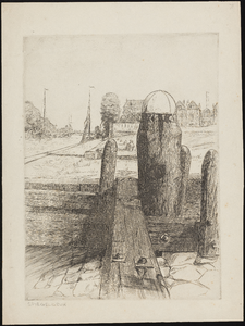 SPUIJBROEK_071 Detail van het houten havenhoofden langs Westerhavenhoofd in Hellevoetsluis. Op de achtergrond de ...