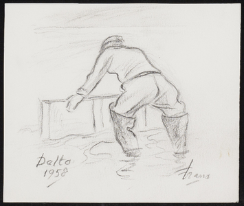 SPUIJBROEK_B_6793 Een Deltawerker met laarzen in het water, 1958