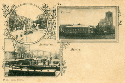 PB0350 Kaart met afbeeldingen van de kazerne, de Julianabrug met de aanlegplaats van de veerboten en de Kaaibrug, ca. 1920