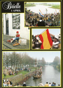 PB0599 Brielle 1 april, vier kleine afbeeldingen van kalknacht, de Spaanse vlag en de aankomst van het Geuzenschip, ca. 1985