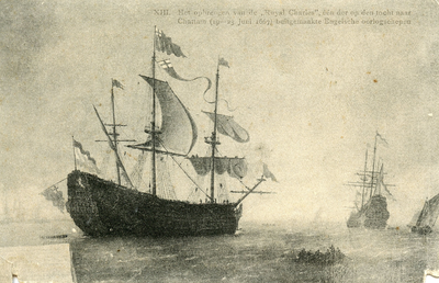 PB0824 Het opbrengen van de Royal Charles, een der op den tocht naar Chatham (19-23 juni 1667) buitgemaakte Engelsche ...