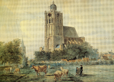 PB0830 Gezicht op de Catharijnekerk vanaf de Zuidwal door Joost van Wolfheze, aquarel uit 1810, 1988