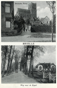 PB1107 Groeten uit Brielle, twee kleine afbeeldingen van de St. Catharijnekerk en de Weg naar de Kapel, ca. 1935