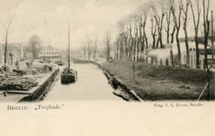 PB1116 Kijkje op het Zuid Spui. Rechts op de Turfkade liggen boomstammen, rechts op het Scharloo staan bomen, ca. 1902