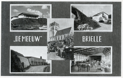 PB1188 Groeten uit Brielle: vijf kleine afbeeldingen van Camping de Meeuw en de Catharijnekerk, 1955