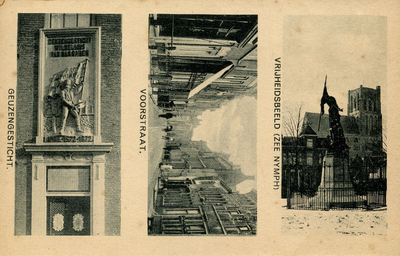 PB1451 Groeten uit Brielle: drie kleine afbeeldingen van het Geuzengesticht, de Voorstraat en de Nymph, ca. 1920