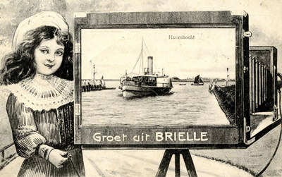 PB1510 Groeten uit Brielle: een tekening van een meisje naast een fotocamera. Op het scherm is een afbeelding te zien ...