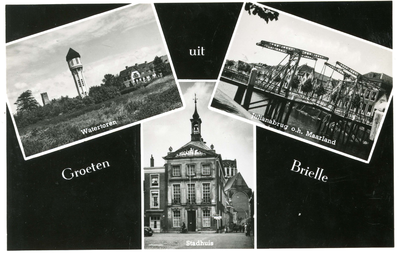 PB1527 Groeten uit Brielle, drie kleine afbeeldingen van het stadhuis, de Julianabrug en de watertoren, ca. 1950