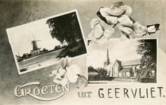 PB2596 Groeten uit Geervliet, samengestelde kaart met twee afbeeldingen van de molen en de kerk van Geervliet, ca. 1935