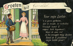 PB2599 Groeten uit Geervliet, tekening van een postbode die een brief aan een vrouw overhandigd: Voor mijn liefste: 't ...