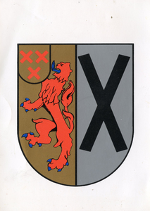 PB2954 Beschrijving van het wapen der gemeente Hekelingen (verleend 18 november 1936). Gedeeld: I. in goud, een leeuw ...