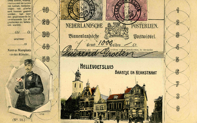 PB3400 Groeten uit Hellevoetsluis: cheque van de Nederlandse Posterijen en een kleine afbeelding van het Baantje en de ...