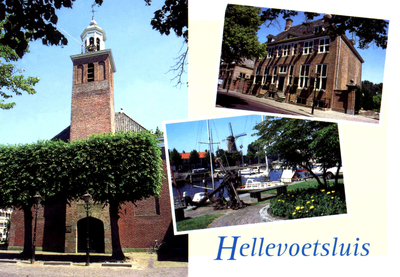 PB3488 Groeten uit Hellevoetsluis: compilatie van drie foto's van de hervormde kerk, het Landshuis en de haven, ca. 1995