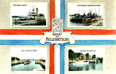 PB3522 Groeten uit Hellevoetsluis: compilatie van vier kleinere afbeeldingen van schepen: de Reinier Claeszen, ...