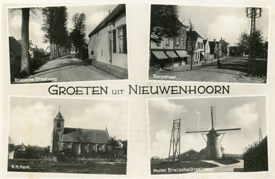 PB4081 Groeten uit Nieuwenhoorn, met een compilatie van foto´s van de Rijksstraatweg en de Dorpsstraat, ca. 1940