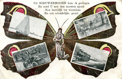 PB4150 Een vlinder met vier kleine afbeeldingen die niet uit Nieuwenhoorn afkomstig zijn. Tekst: 'Uit Nieuwenhoorn kom ...