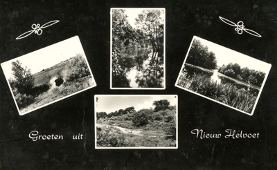 PB4400 Groeten uit Nieuw-Helvoet, compilatie van vier kleine afbeeldingen van de duinen en het Quackjeswater, ca. 1935