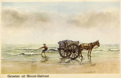 PB4415 Tekening van een visser met paard en wagen op het strand, ca. 1950