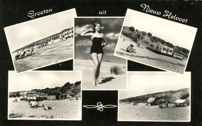 PB4500 Groeten uit Nieuw-Helvoet, compilatie van vier kleine afbeeldingen van de duinen en het Quackjeswater, ca. 1955