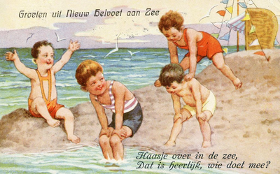 PB4557 Groeten uit Nieuw Helvoet aan Zee. Haasje over in de zee. Dat is heerlijk, wie doet mee?, ca. 1943