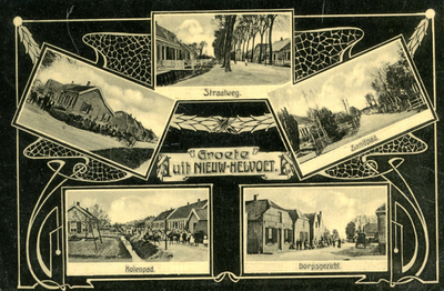 PB4585 Groeten uit Nieuw-Helvoet, met vijf kleine afbeeldingen van woningen en straten, ca. 1907