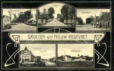 PB4586 Groeten uit Nieuw-Helvoet, met vijf kleine afbeeldingen van woningen en straten, ca. 1910