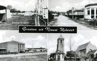 PB4587 Groeten uit Nieuw-Helvoet, met vier kleine afbeeldingen van camping De Quack, de gereformeerde kerk de hervormde ...