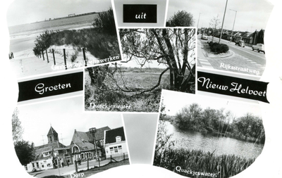 PB4588 Groeten uit Nieuw-Helvoet, met vijf kleine afbeeldingen van het Quackjeswater, de Rijksstraatweg en het dorp, 1965