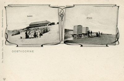 PB4879 Duinen en strand van Oostvoorne. Rechts de badhokjes die in zee gereden werden, ca. 1910