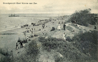 PB4937 Panorama van het strand, met badkoetjes en de aanlegsteiger met de veerboot, 1915