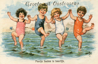 PB5012 Groeten uit Oostvoorne: prentje van vier kinderen dansend in zee: 'Pootje baden is heerlijk', ca. 1950