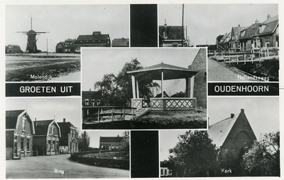 PB7044 Groeten uit Oudenhoorn: vijf afbeeldingen van de molen, de Hollandseweg, de Ring, de Muziektent en de Kerk, 1961