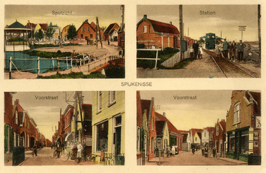 PB9041 Groeten uit Spijkenisse: compilatie van vier afbeeldingen van het tramstation, het Spui met de muziektent en de ...