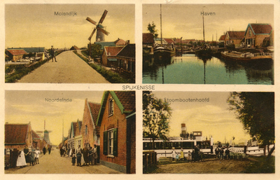 PB9102 Groeten uit Spijkenisse. Compilatie van illustraties: de molen, de haven, het Noordeinde en het ...