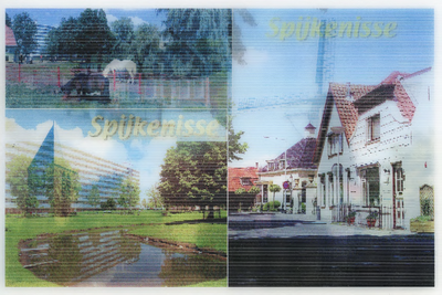 PB9117 Compilatie van afbeeldingen: de molen, de Dorpskerk, de kinderboerderij, de Marckenburg, ca. 2000