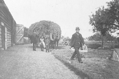 DIA15011 Hooien naast boerenschuur; ca. 1930
